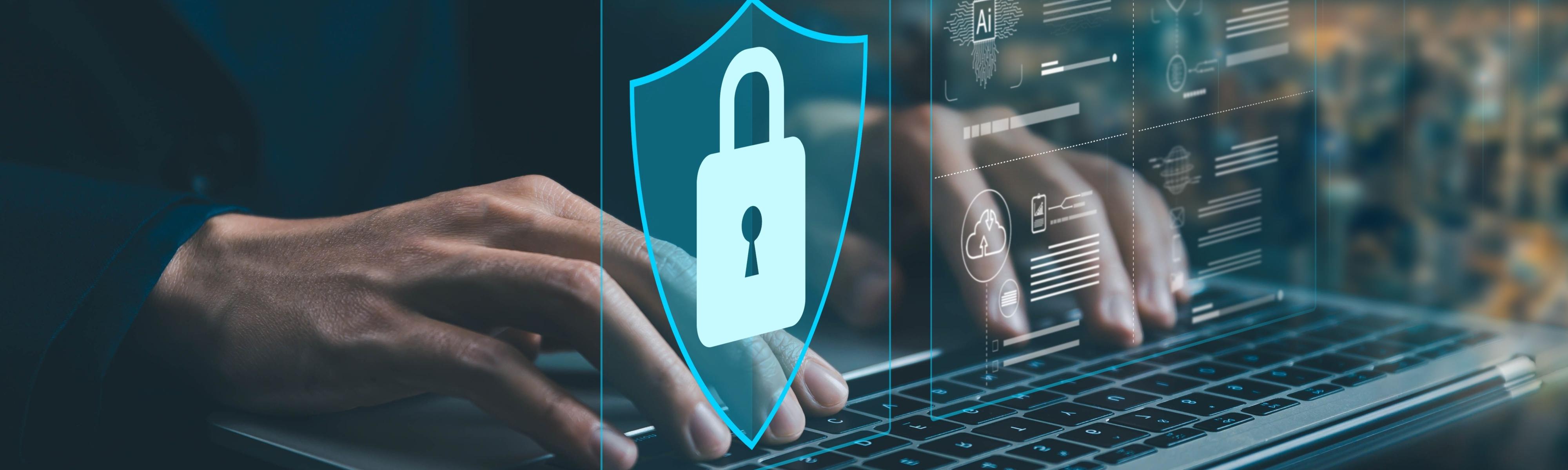 Mann tippt auf Tastatur Computer-Tastatur, Ein hologramm-Schloss erscheint vor dunklem Hintergrund