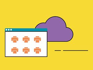 Monitoring_Icon einer Wolke und der Übersicht der Druckerflotte