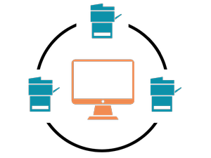 oranger pc im Mittelpunkt, darum 3 blaue drucker zu sehen, die durch schwarze Striche verbunden werden